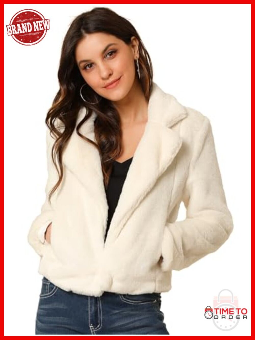 Women's Cropped Faux Fur Jacket Lapel Long Sleeve Winter Wedding Outfit